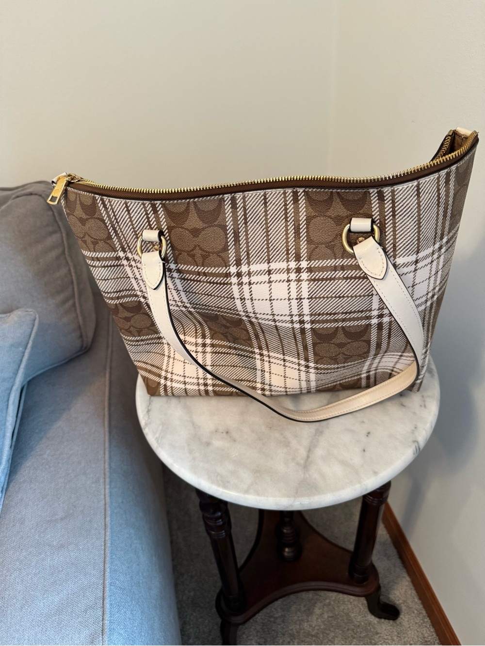 Authentic Coach Plaid Canvas Tote Bag in Brown and Cream - Picture 2 of 3